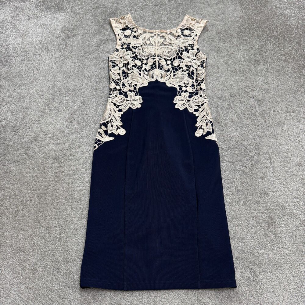 Lipsy London Lace Overlay Bodycon Sheath Dress Womens 4 Beige Navy Sleeveless